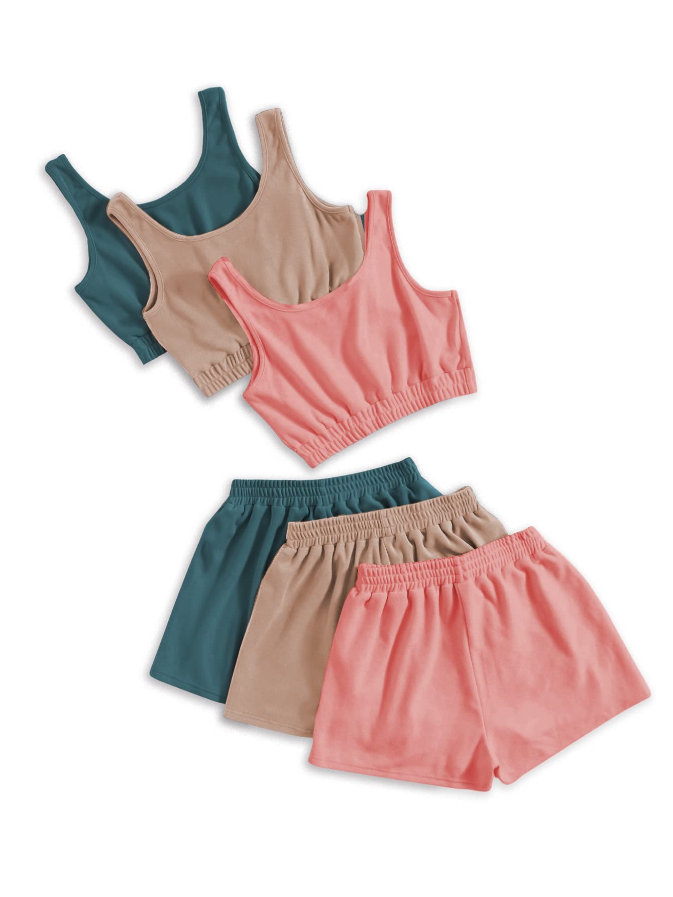 GORGLITTER Women's 6 Pieces Going Out Outfits Cute Crop Tank Top and Shorts Sets Summer Vacation Beach Cruise Clothes: X-Large Blue Brown Pink