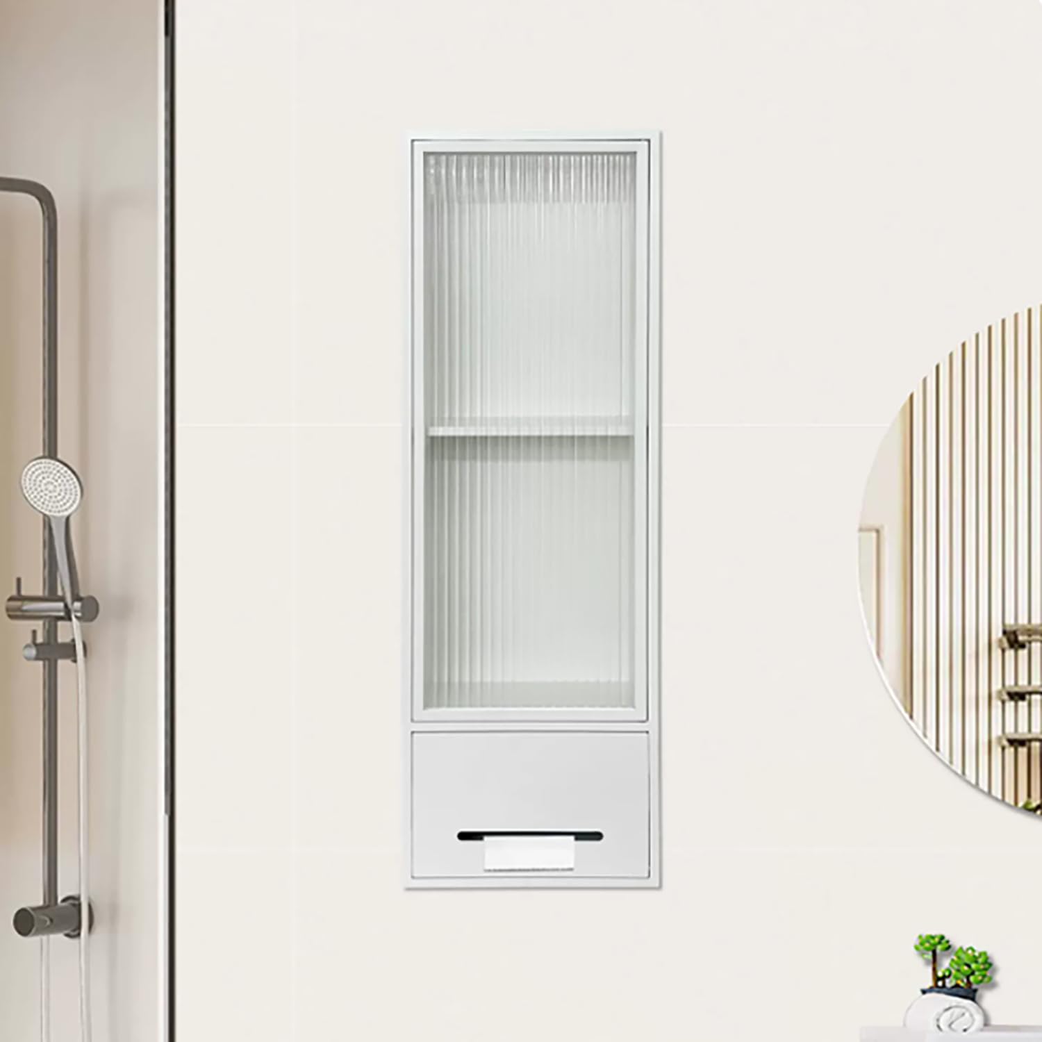 WYRNOBRX Stainless Steel Shower Niche Recessed Toilet Paper Holder with Glass Door Bathroom Storage Cabinet Toilet Paper Holder Insert Hidden Cabinets Alcove,White,L28*H82*W14