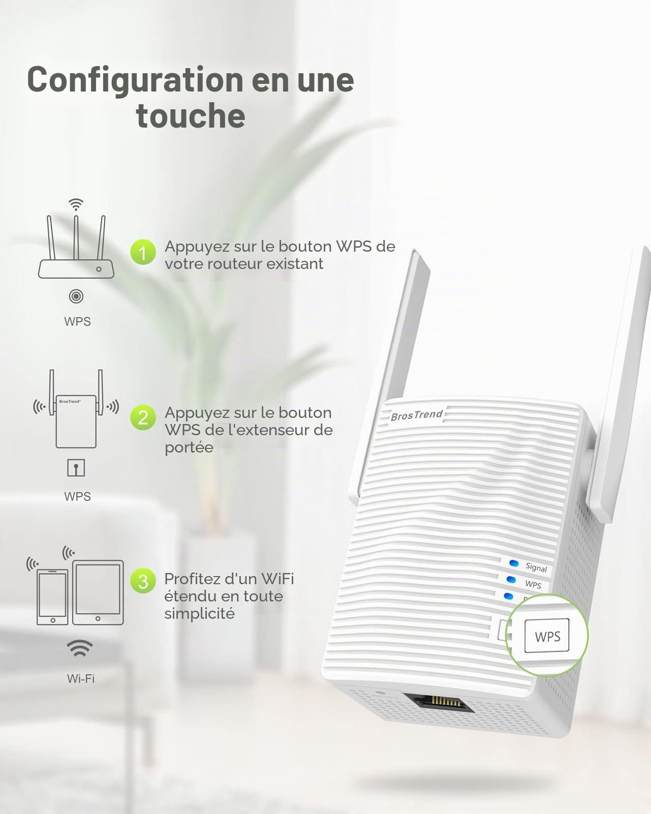 BrosTrend Répéteur WiFi AC1200Mbps, Amplificateur WiFi, WiFi Extender, Booster WiFi, Couverture WiFi Étendue 5 GHz & 2,4 GHz Double Bande, Compatible avec Toutes Les Box Internet, 1 Port Ethernet