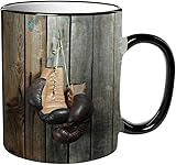 KDWJS Taza divertida de cerámica de 11 onzas,Tazas Originales de Desayuno - Graciosos Ideas para Regalos - Cerámica 330 ml - Conjunto vintage de guantes de boxeo antiguos sobre fondo de madera antigu