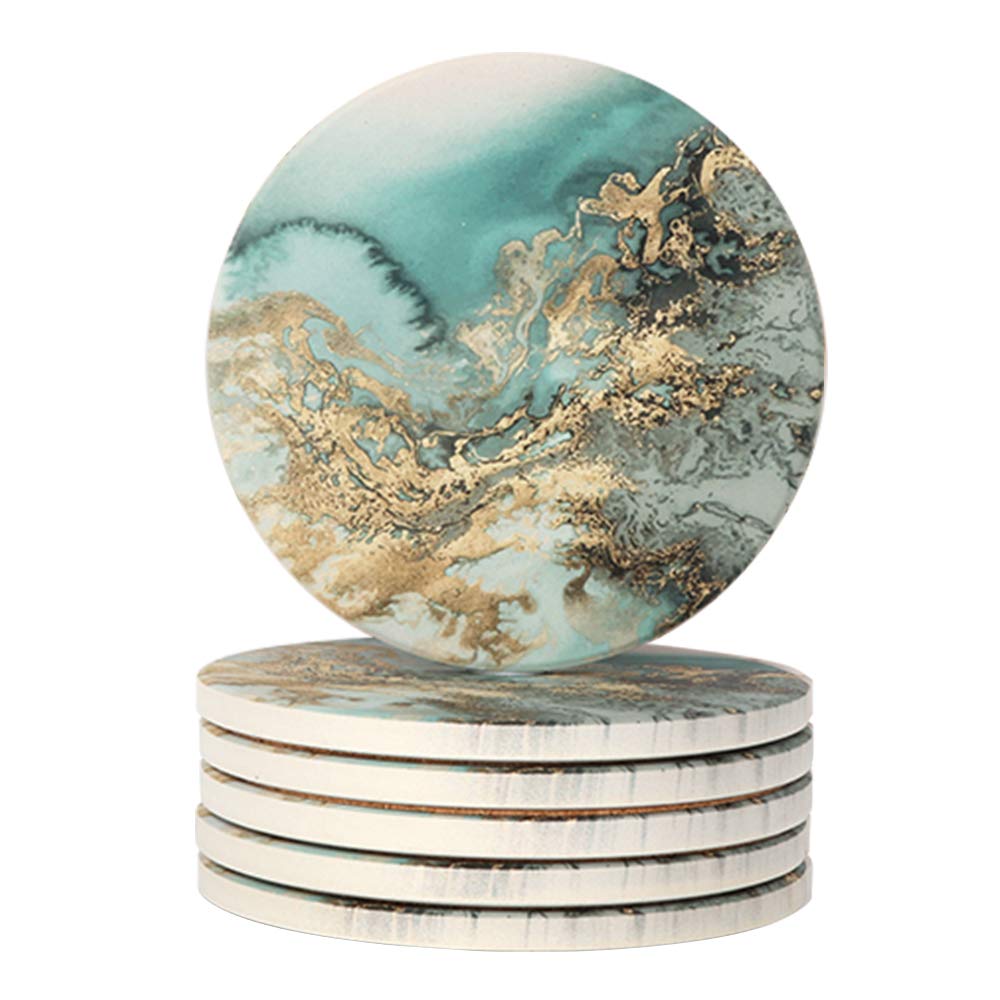 Marble Pattern Coasters - Round Drinks Absorbent Stone Coaster Set with Ceramic Stone and Cork Base for Kinds of Mugs and Cups (Blue, Set of 6)