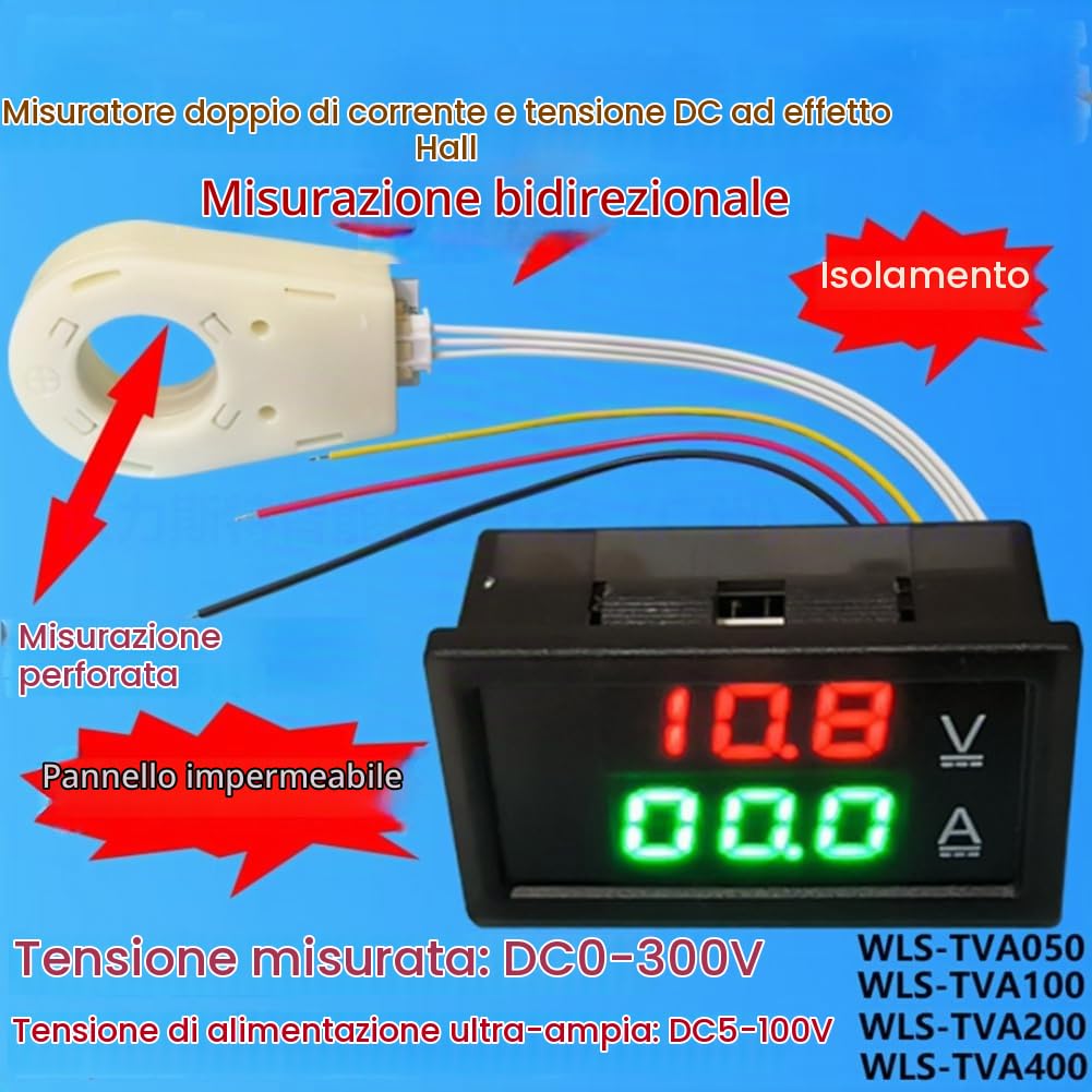 Hall Amperometro Voltmetro DC 0-300V 100A Batteria Monitor LED Digital Corrente Tensione Meter 12V 24V 36V 48V 60V Auto Riutilizzabile