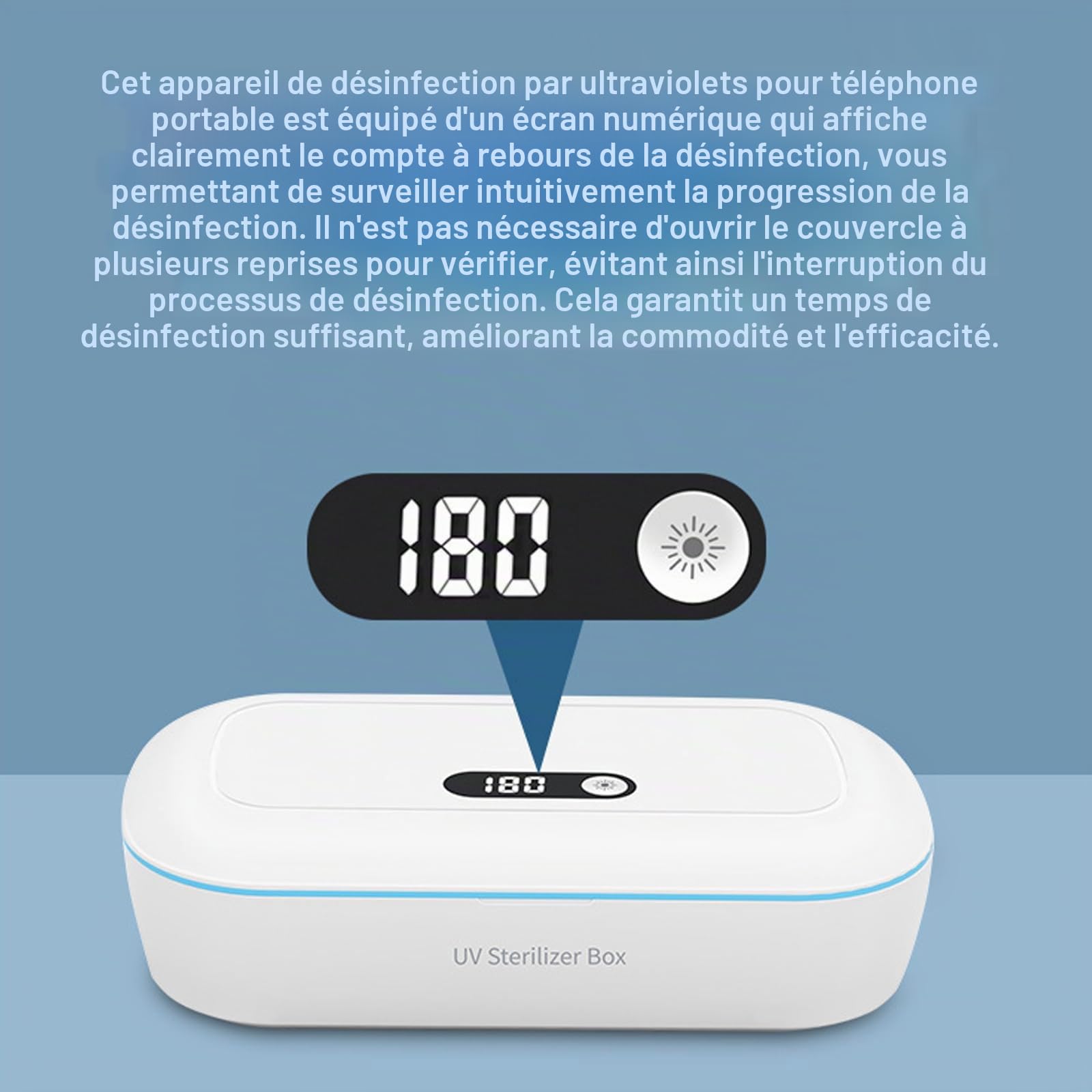 Désinfectant UV pour téléphone portable en ABS : boîte de désinfection UV avec affichage numérique, alimenté par USB Nail Tools Stérilisateur avec 2 compte-gouttes pour téléphone portable