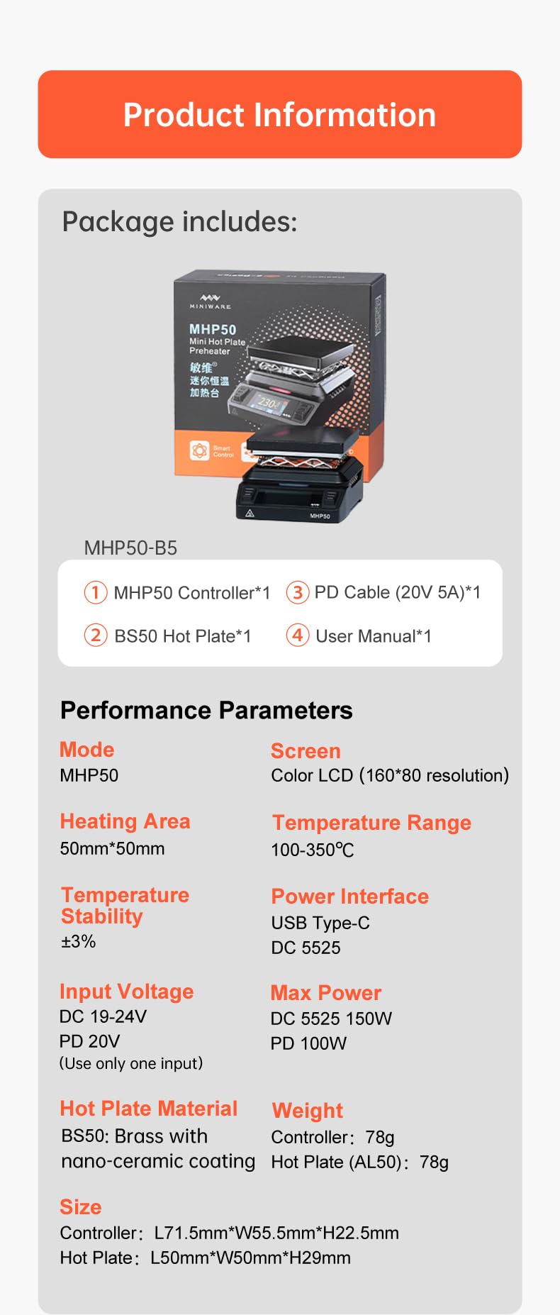 Mini station de soudure MHP50 - Préchauffeur de plaque chauffante - Chauffage constant - 100-350 °C - Fer à souder intelligent portable - Plateforme de soudage originale - 50 x 50 mm - Zone