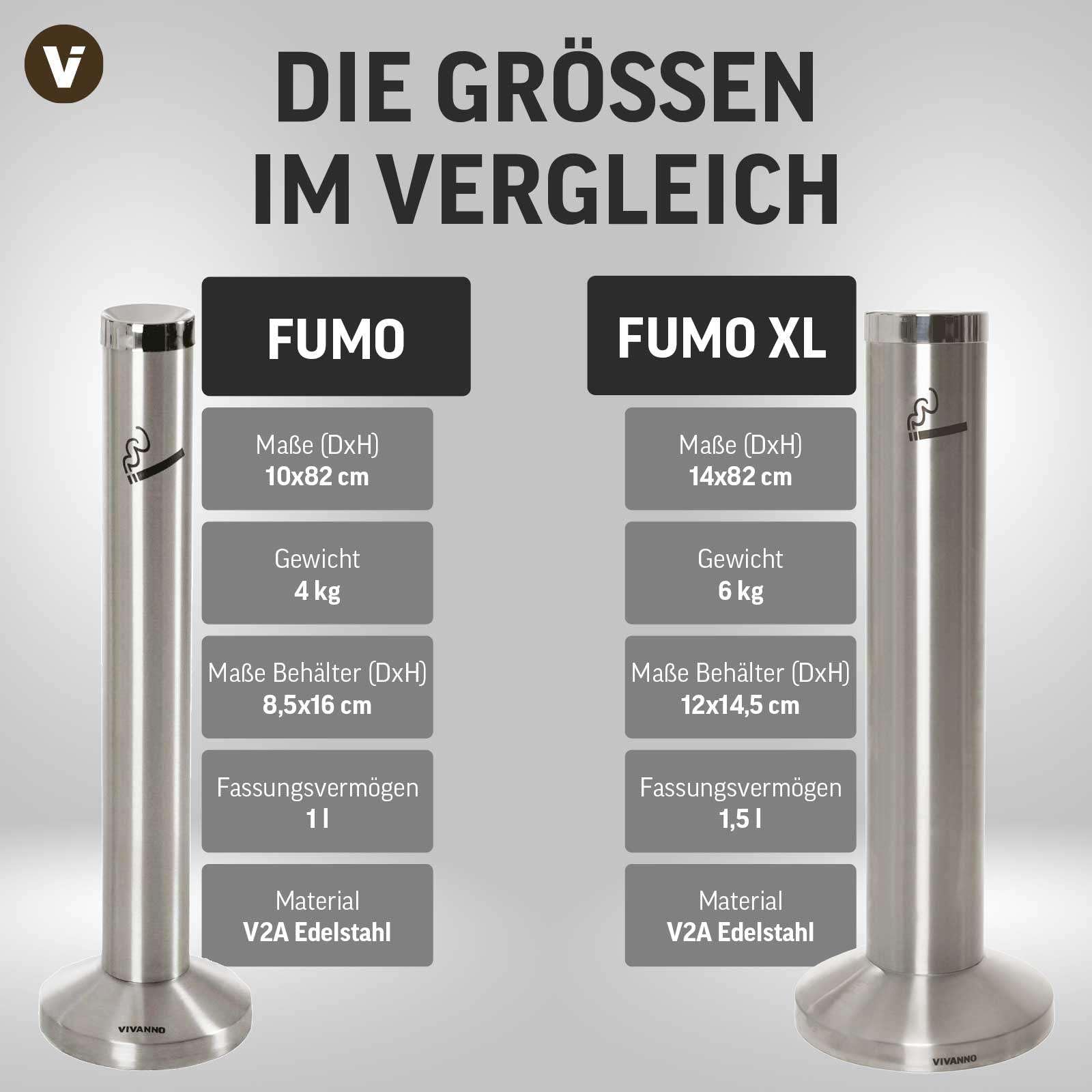 VIVANNO Standaschenbecher V2A Edelstahl Fumo - 10x82 cm (DxH) - 1 L