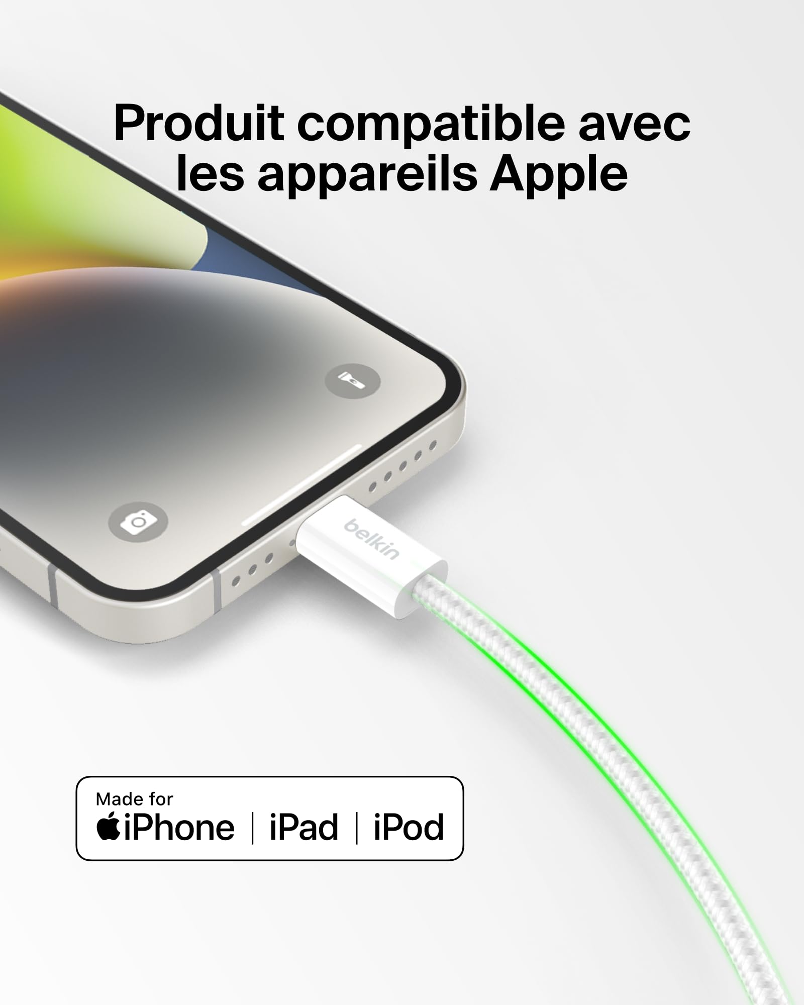 Belkin Pack de 2 Câbles USB-C à gaine tressée avec connecteur Lightning (1,5 m, doux au toucher, souple, recharge rapide, pour iPhone 14 et version antérieure, iPad 9e gén., AirPods, blanc)