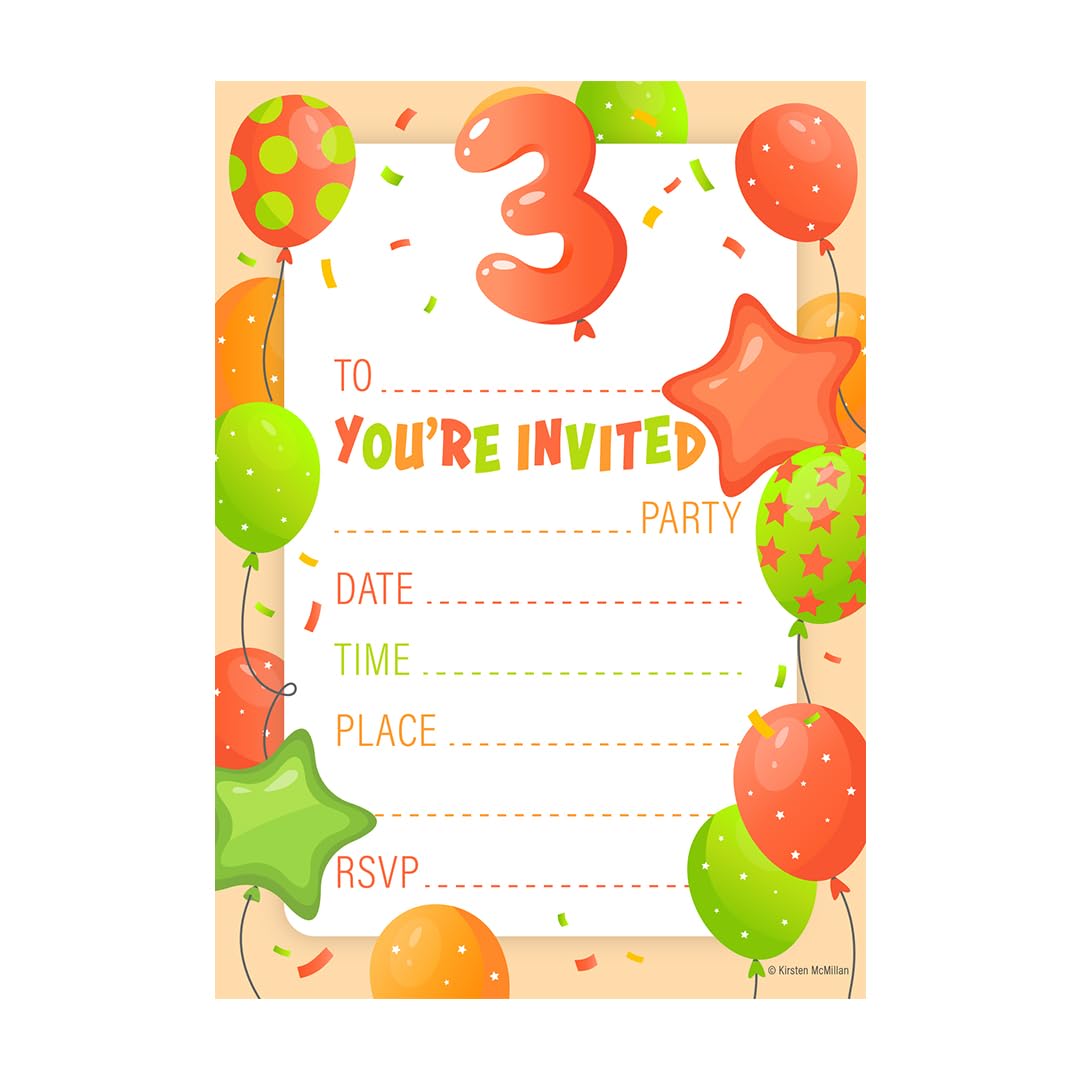 32 Kids Childrens Birthday Party Invitations Age 3 with Envelopes Invitation Orange Pack of 32 Balloon Invites - Designed and Printed in the UK