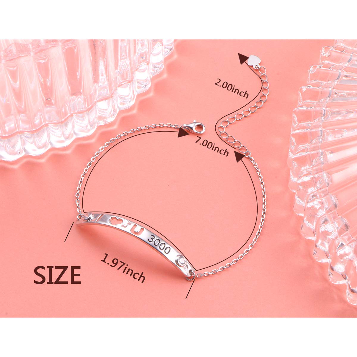 Regalos para el día de la madre, plata de ley 925, pulseras inspiradoras con mensaje "I Love You More/3000 para mujeres, niñas, adolescentes, familia, amor, brazalete, joyería ajustable de 7 + 2