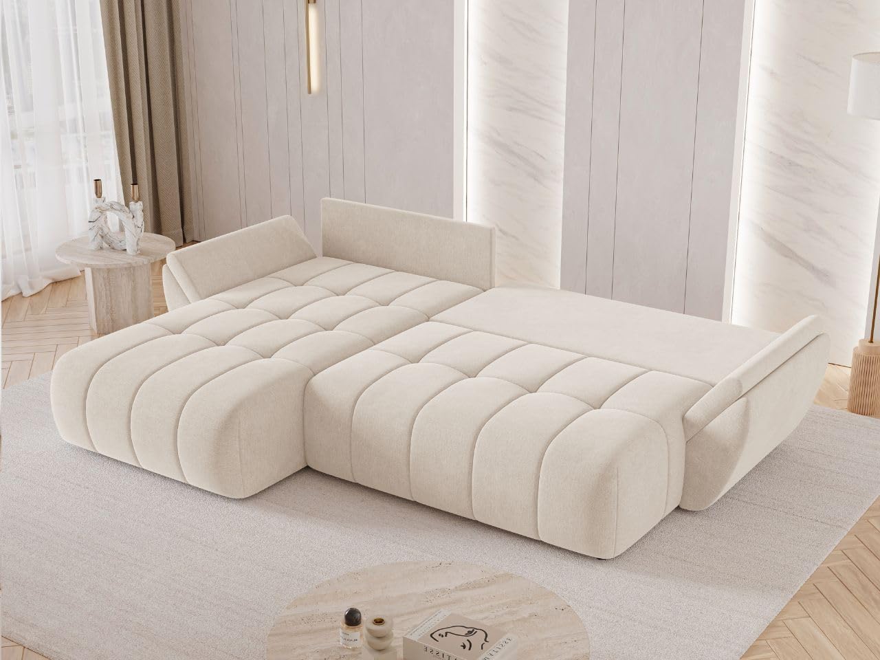 GRAINGOLD Decor L Ecksofa modern mit Bettfunktion, 263x190 cm, L-Form Sofa, Schlafcouch für Wohnzimmer, Veloursstoff, 3-Sitzer Eckcouch, Ecksofa mit Bettkasten (Beige)
