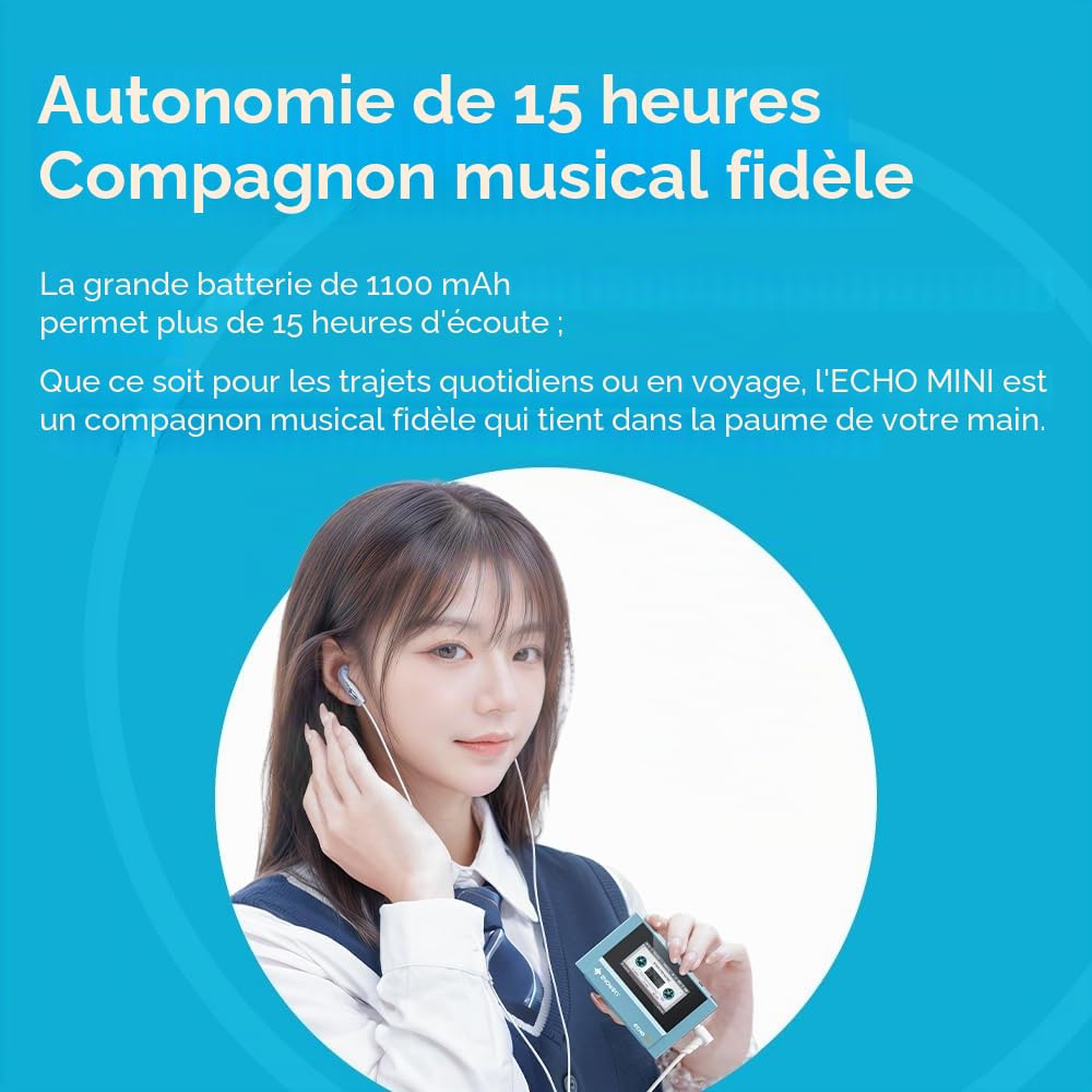 SnowSky/FiiO Echo Mini HiFi Lecteur MP3 Bluetooth, 15 heures de lecture, contrôle de volume indépendant avec sorties casque 3,5 mm/4,4 mm (Bleu Ciel)