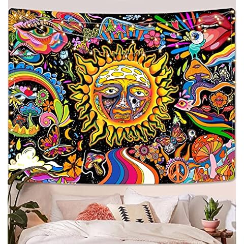 Aipon Trippy Tapestry Mushroom Tapestries for Bedroom Aesthetic Small Hippie Eye Yellow Sun Tapastry's Wall Hanging Colorful Indie Tapstreys Living Room Decor (Yellow, 60'' × 50'') Cover