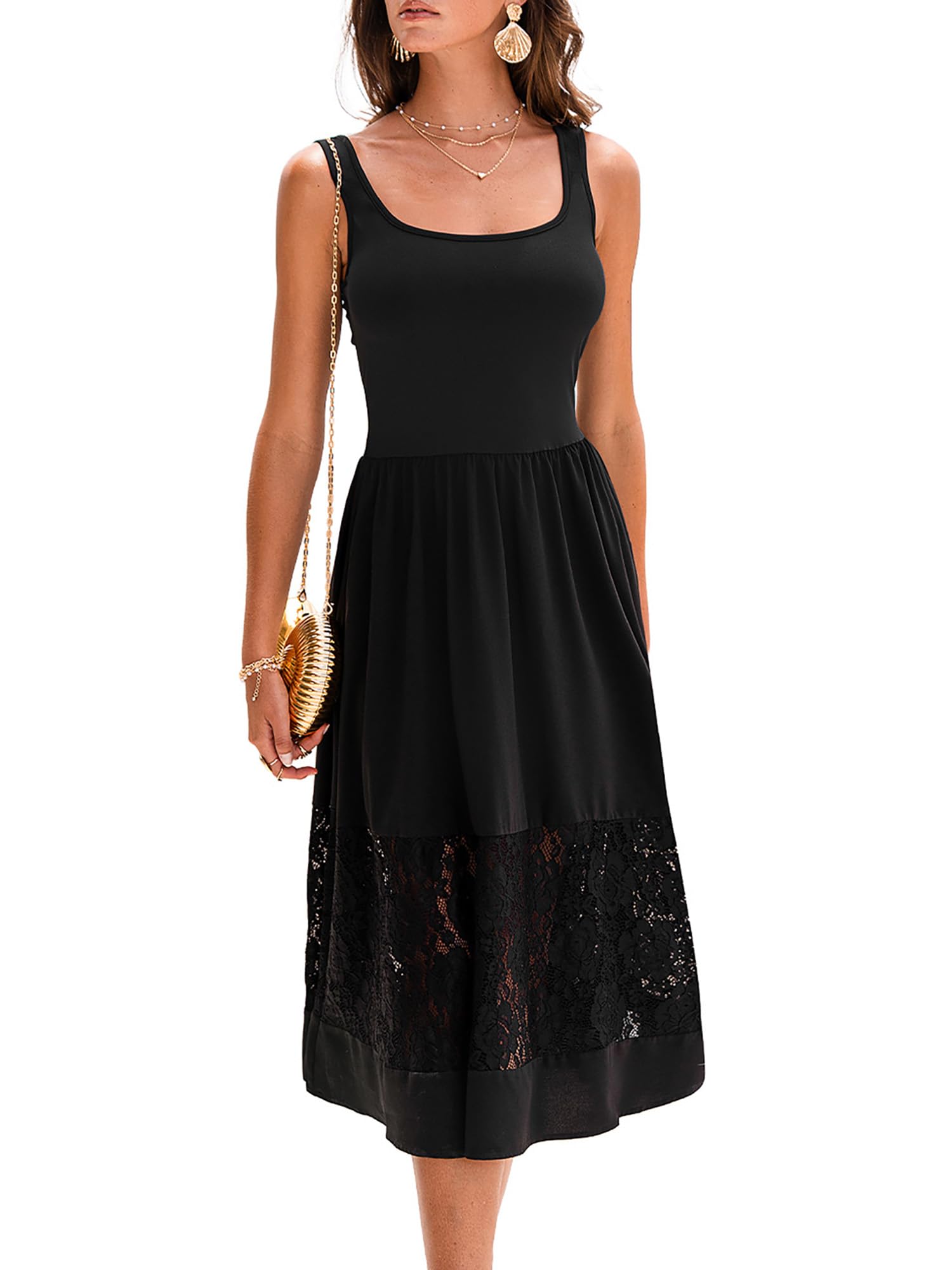 CUPSHE Robe d'été mi-longue pour femme, col carré, dentelle, sans manches, robe d'été décontractée, robe de cocktail, robe d'invitée de mariage