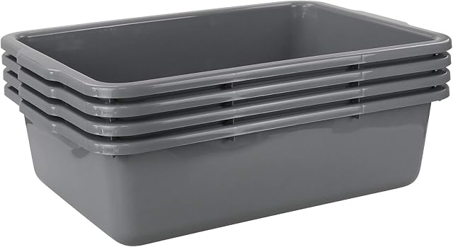 Xowine 32 L Plastic Rectangle Large Washing up Bowl, Set of 4 Large Commercial Bus Tub, Gray