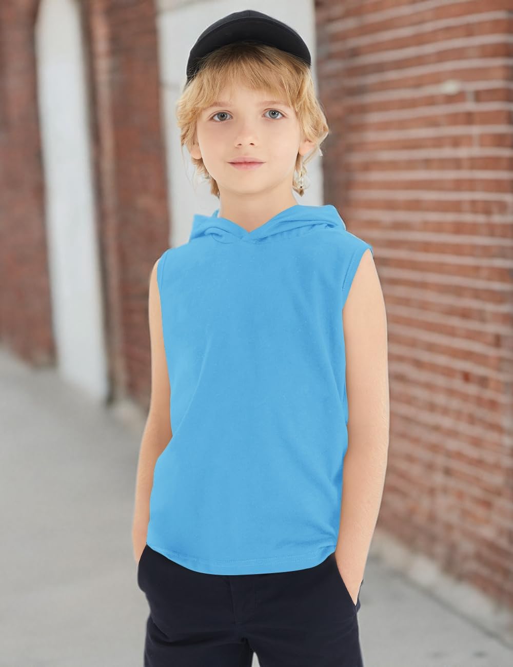 Spring&Gege Débardeur à capuche uni basique sans manches pour garçon - Uniforme d'entraînement - T-shirt confortable (5-14 ans)