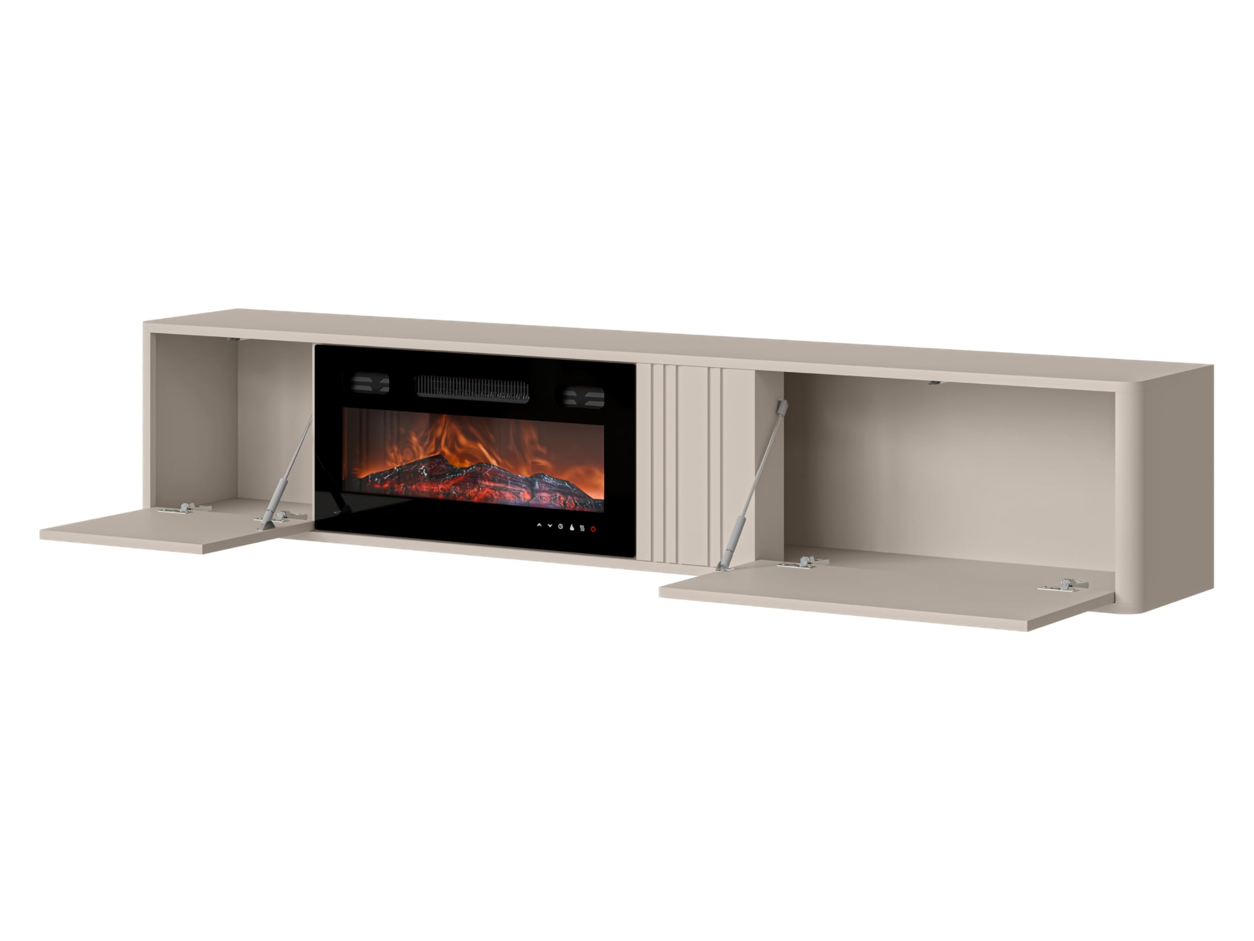 Mirjan24 TV-Schrank Poksin 190 mit elektrischem Kamin, TV-Lowboard mit griffloser Front, realistische LED-Flamme, modernes Wohnzimmermöbel (Cashmere)