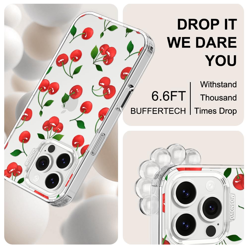 MOSNOVO Cover per iPhone 16 Pro Max - Custodia Trasparente Sottile Antiurto in TPU+PC per Telefono [Protezione Caduta da 6,6 Piedi/Anti-Peel] - Ciliegia Carina - 5