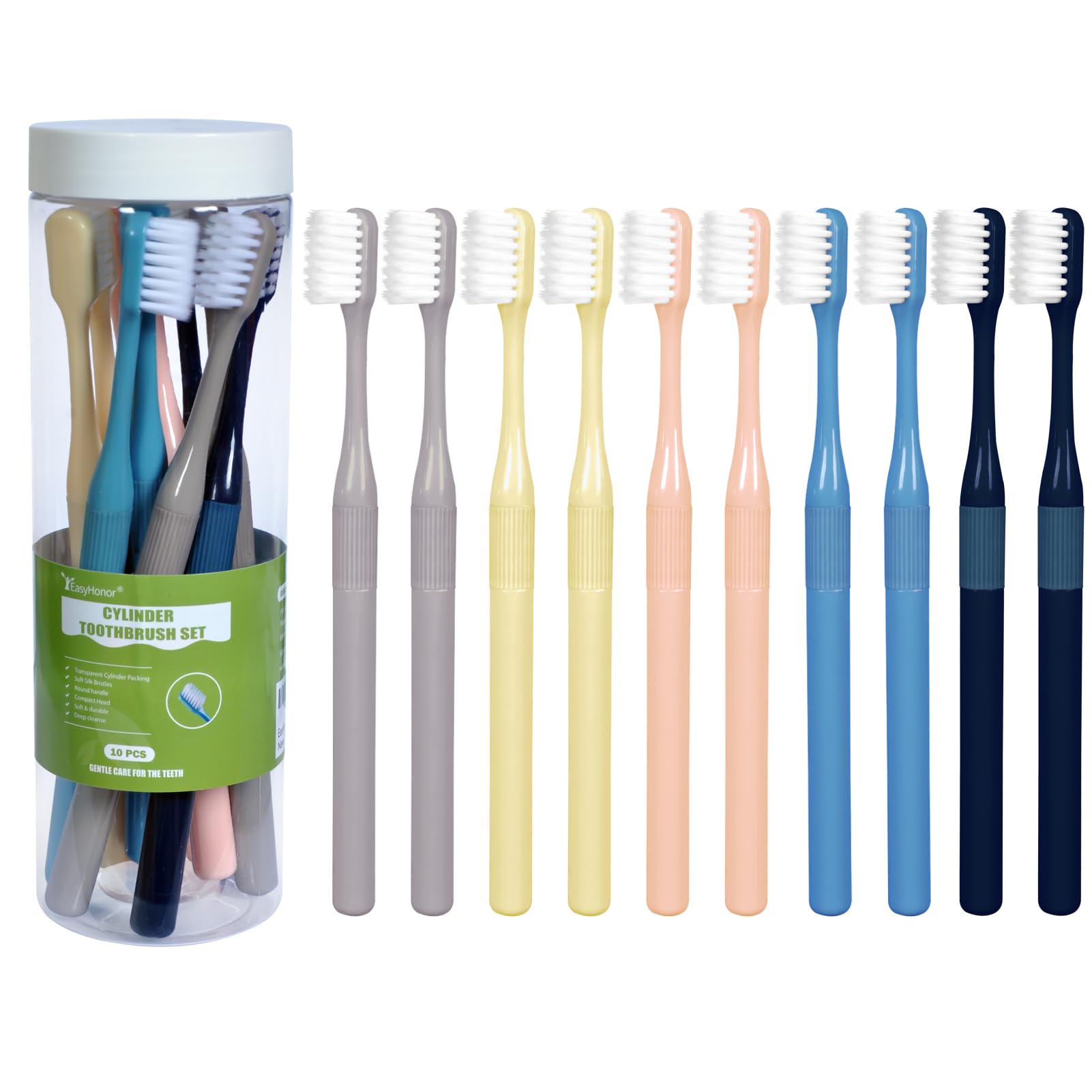 EasyHonor Cylinder Toothbrush, Soft Manual Toothbrush with Silk Bristles, Gentle Cleaning Toothbrush for Sensitive Teeth and Gums, Compact Head, Packaged in A Clear Cylinder. (10 Pcs)