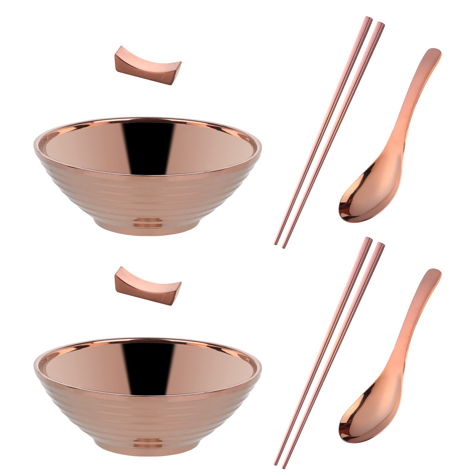 Buyer Star Ramen Bowl Set of 8, 8 inch Noodle Bowl Japanese Style Soup Bowls Set with Chopsticks, Ladle Spoons Set and Large Bowl for Noodles (Rose Gold)