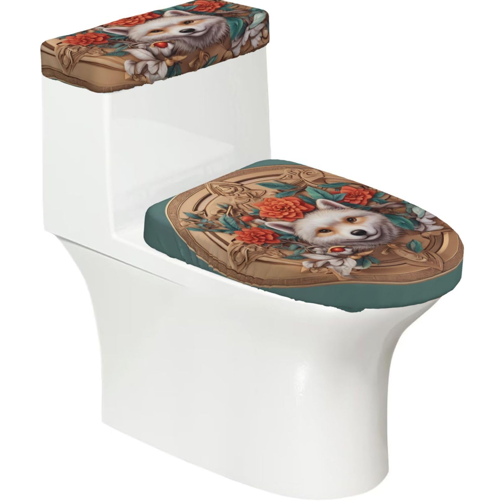 Wzycwb Black Puppy Embroidery 2-Piece Toilet Seat Cover Set With Tank Lid, Elastic Fit For U-Shape & Elongated Toilets, Bathroom Decor, Housewarming Gift