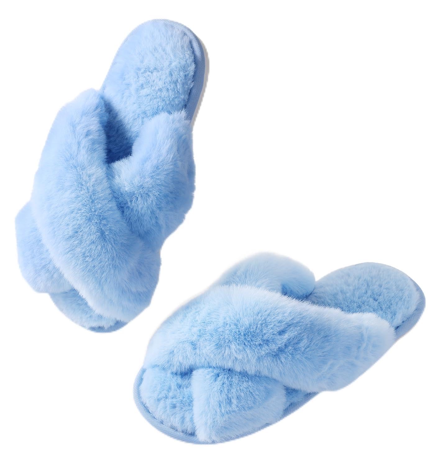Ankis Hausschuhe Damen Plüsch mit Kreuzband Winter Warme Pantoffeln Memory-Schaum und Offene Zehenpartie Flauschige Hausschuhe Damen für Drinnen und Draußen (Weiß,Schwarz,Grau,Rosa,Kamel)