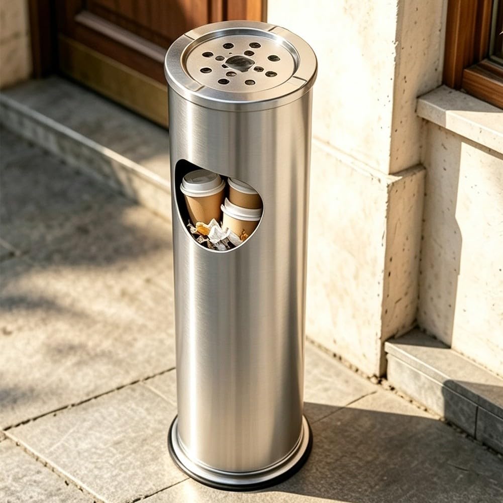 Pattumiera Acciaio 8L con Portacenere - Cestino Pedale Doppio Scomparto e Rifiuti per Ufficio per Hotel Lobby Base Stabile 15x56cm