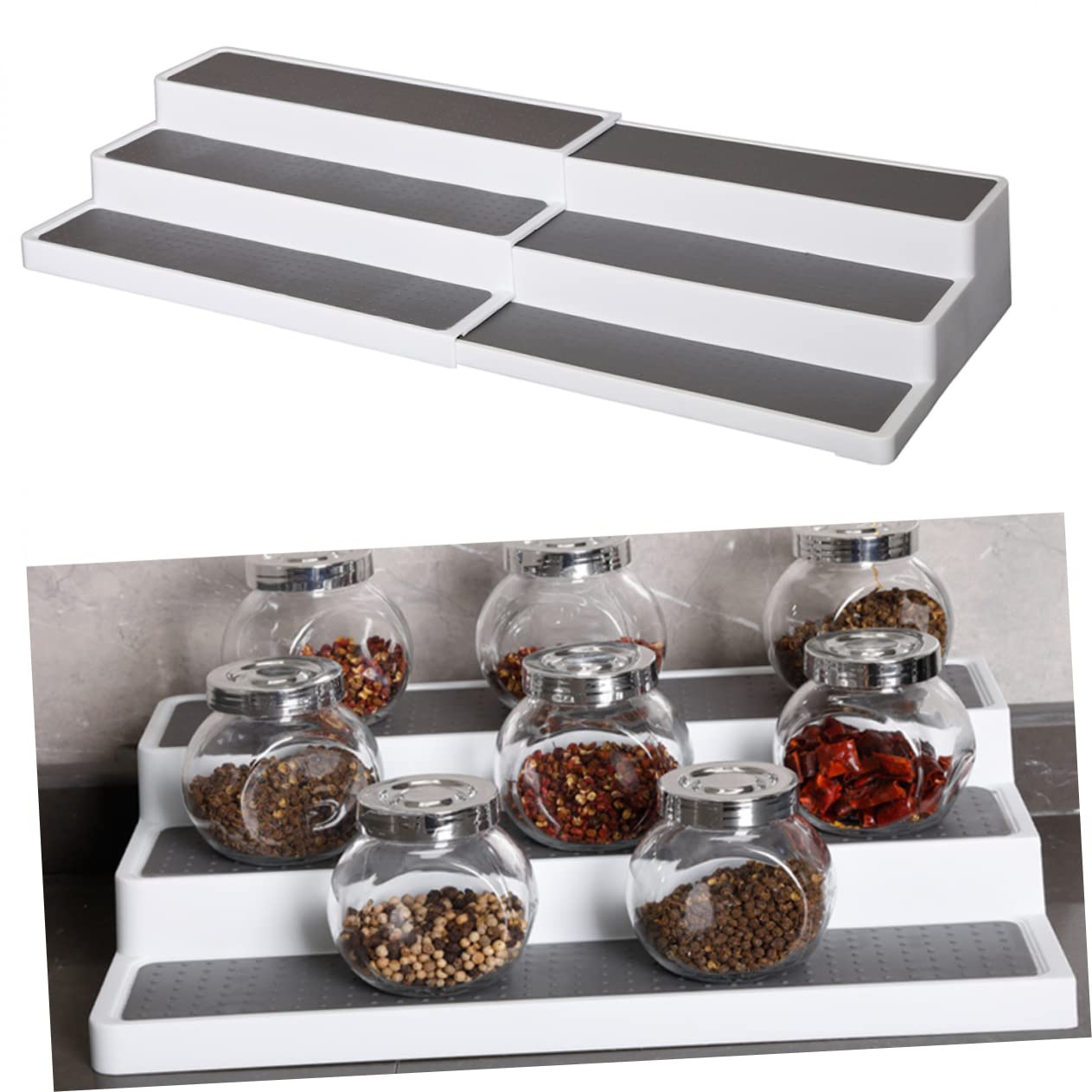 Cabilock 1 Pc estante de condimento de escalera organizador de escalones Estante de escalón de 3 niveles estanterías organizador de botellas de condimentos antideslizante cajón, 30622469N5
