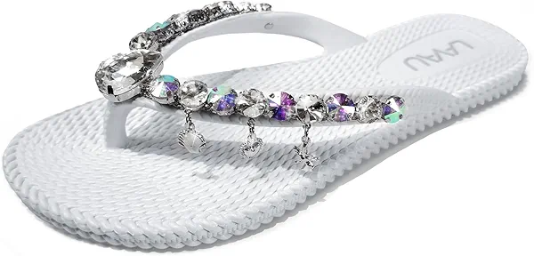 LAVAU Flip Flops for Women Dressy Rhinestone Thong Sandals for Summers Dress Beach 9 White-silver