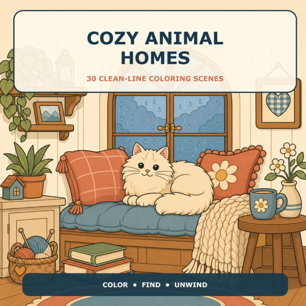 Cozy Animal Homes: A Cozy Coloring & Seek Book - 30 Clean-Line Scenes with Three Hidden Friends to Find on Every Page (Kids Ages 6-10)