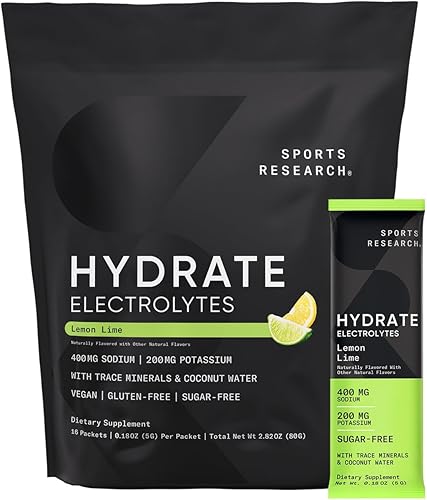 Sports Research Hydrate - Paquetes de electrolitos en polvo, sin azúcar y con sabor natural con vitaminas, minerales y agua de coco, apoya la