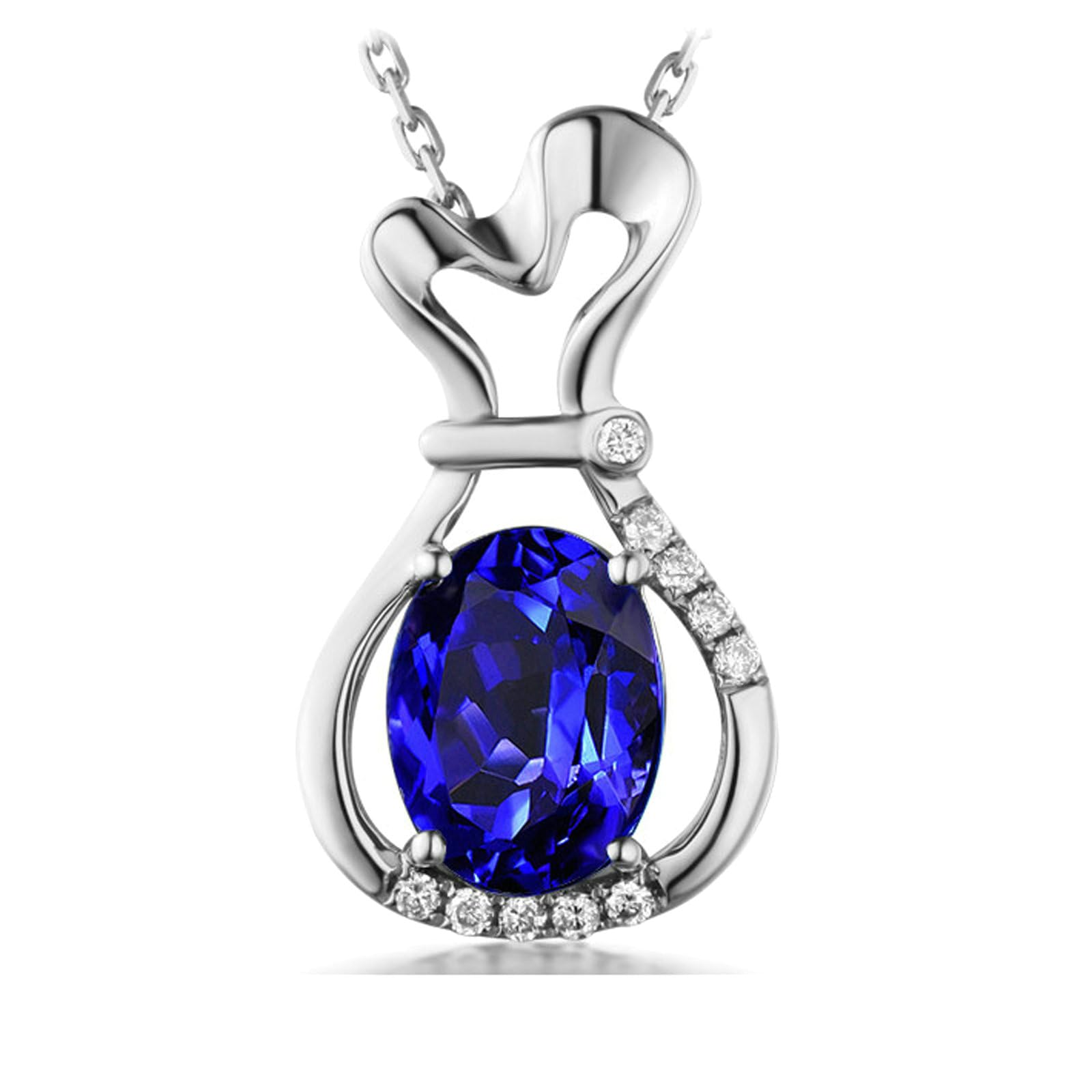 Biały naszyjnik damski 750 585 375 prawdziwe złoto, zawieszka charms torebka na szczęście z tanzanitem 2,2 ct i diamentem 0,05 ct łańcuszek białe złoto 45 cm bez niklu