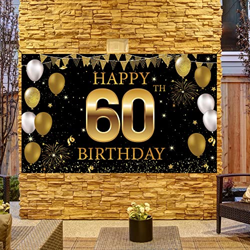 60th Birthday Decorations Backdrop Banner, Black Gold Happy 60th Birthday Decorations for Men Women, 60 Years Old Party Photo Booth Props, 60 Yard Sign for Outdoor Indoor, Fabric Vicycaty by Vicycaty - Image 4