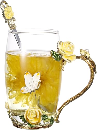 Miniatura 8 de SUQ I OME Taza de té de cristal de rosa esmaltada y mariposa, regalos de San Valentín para mujeres, esposa, amiga para boda, día de la mujer,