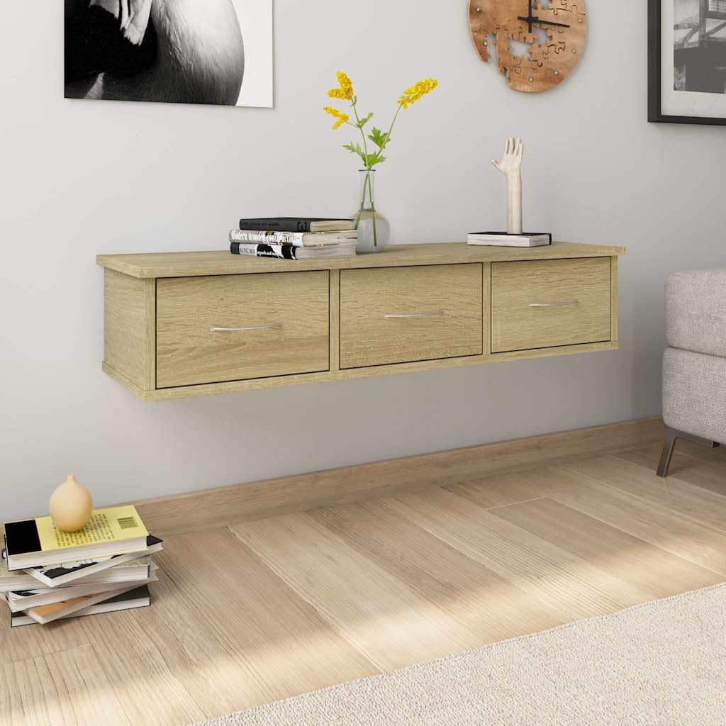 Estantería de pared con 3 cajones, roble Sonoma, madera, 88 x 26