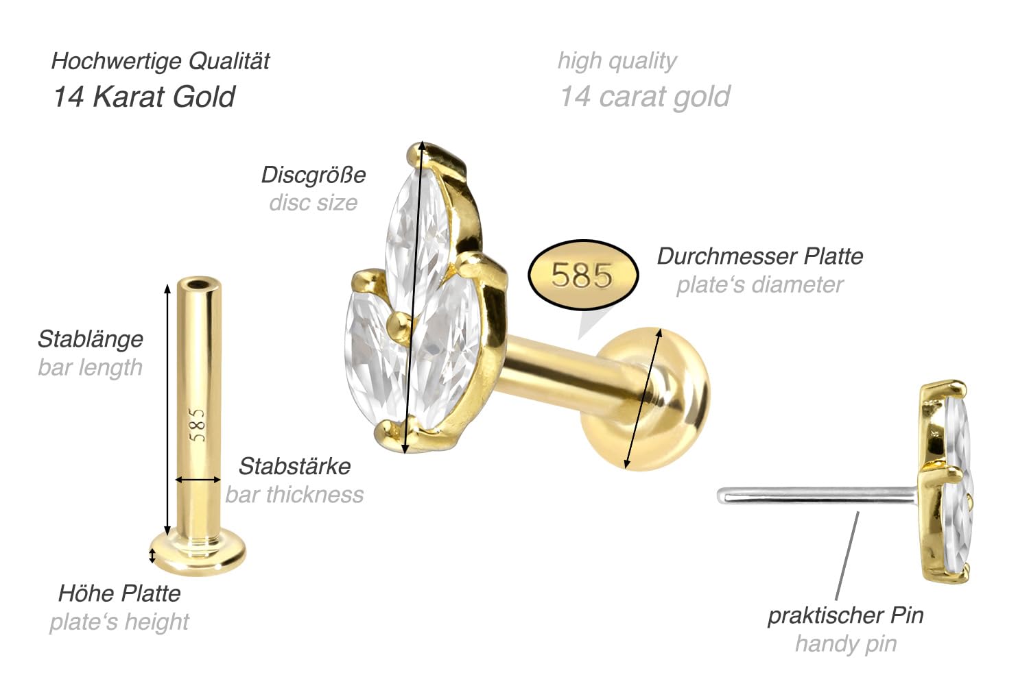 PIERCINGLINE Piercing Stecker 14 Gold Labret mit Push Fit MOISSANIT-LOTUSBLÜTE 585er Gold - Roségoldfarben, Goldfarben, Silberfarben
