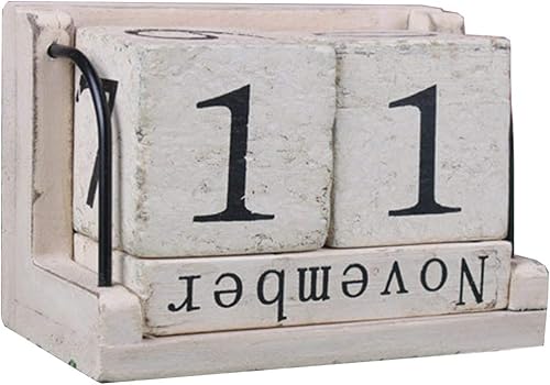 Bloques de calendario de escritorio perpetuo de madera, accesorios de mesa vintage para decoración de oficina en el hogar, color beige