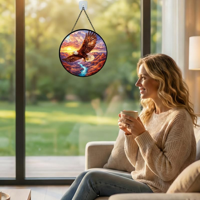 Stained Glass Window Hanging Suncatcher 11.8 in Majestic Bald Eagle Sunset Canyon Colorful Glass Panel Sun Catcher for Window， Window Hanging Decor for Home， Housewarming Gift