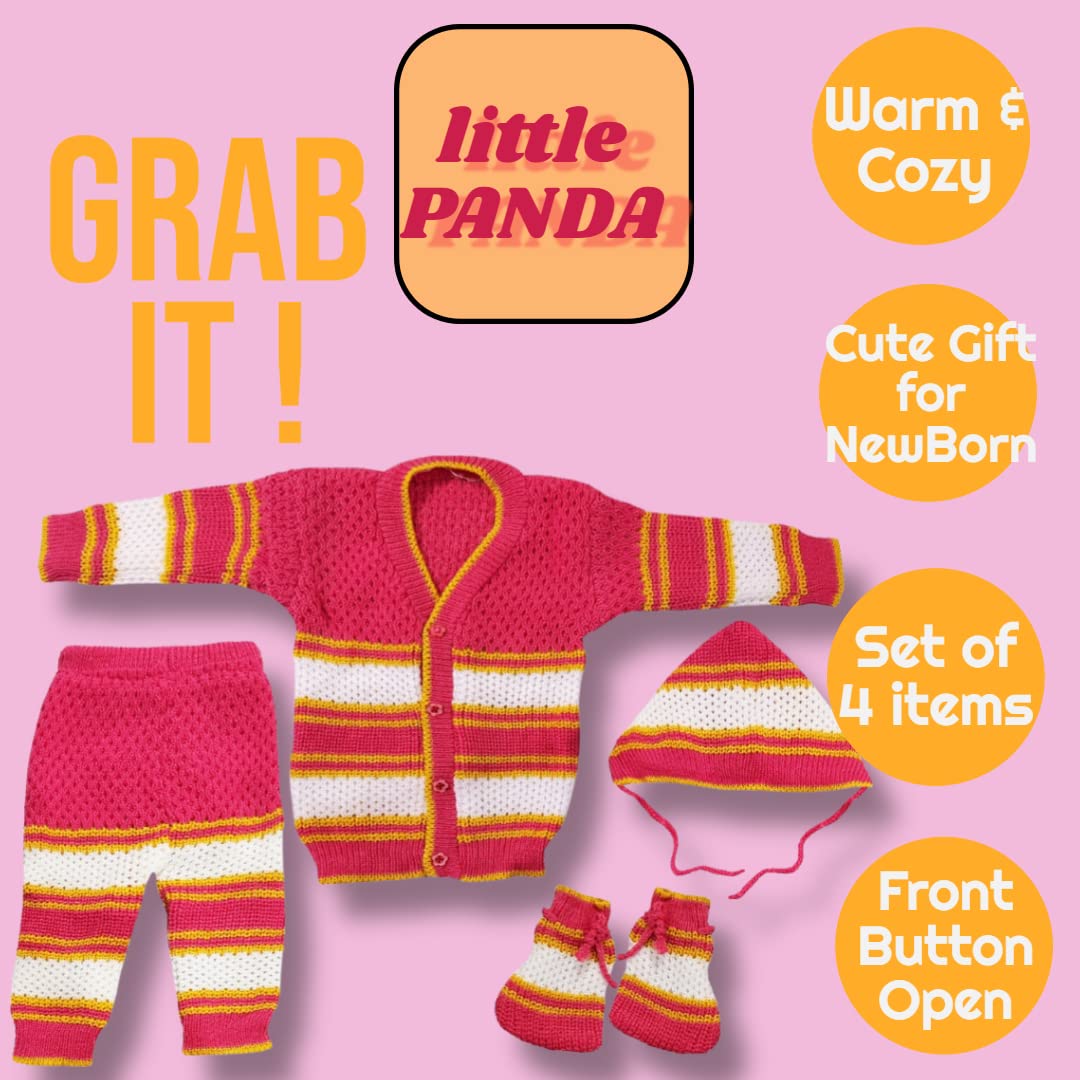 little PANDA Born Baby Sweater for Baby Boys & Baby Girls Woollen Full Sleeves, V Neck Sweater Top, Bottom, Cap & Booties Set (0-3 Months) (Rani) - Image 2 thumbnail
