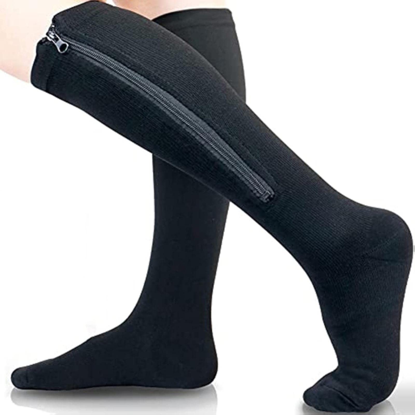 Sfaft Women's Black Zipper Compression Socks Men High Elasticity Nylon Closed Toe Pressure Stocking