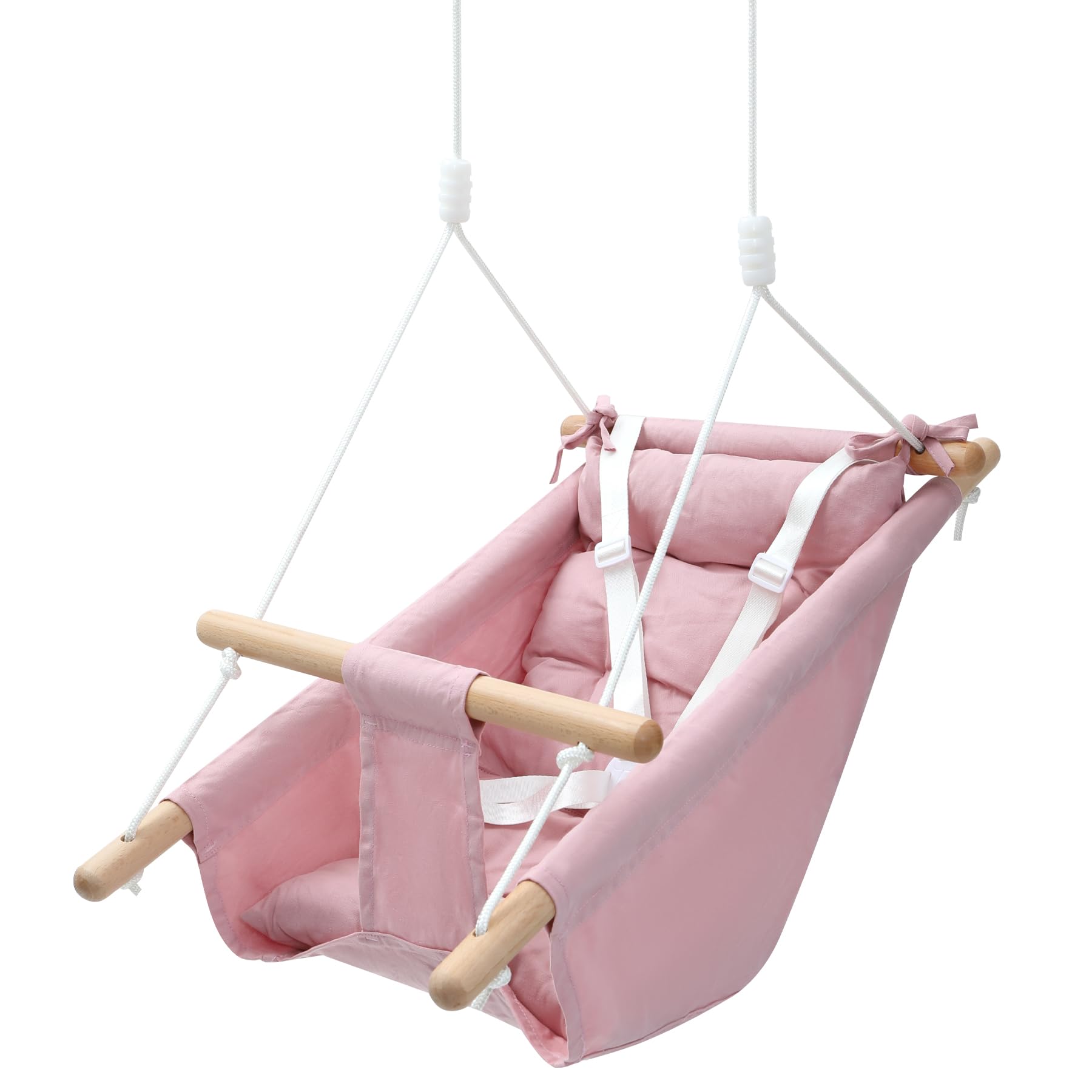 REDCAMP Columpio para bebés 3 en 1 a partir de 6 meses con cinturón de 5 puntos, silla colgante de algodón transpirable y madera para interior/exterior, columpio infantil de hasta 50 kg, para casa y