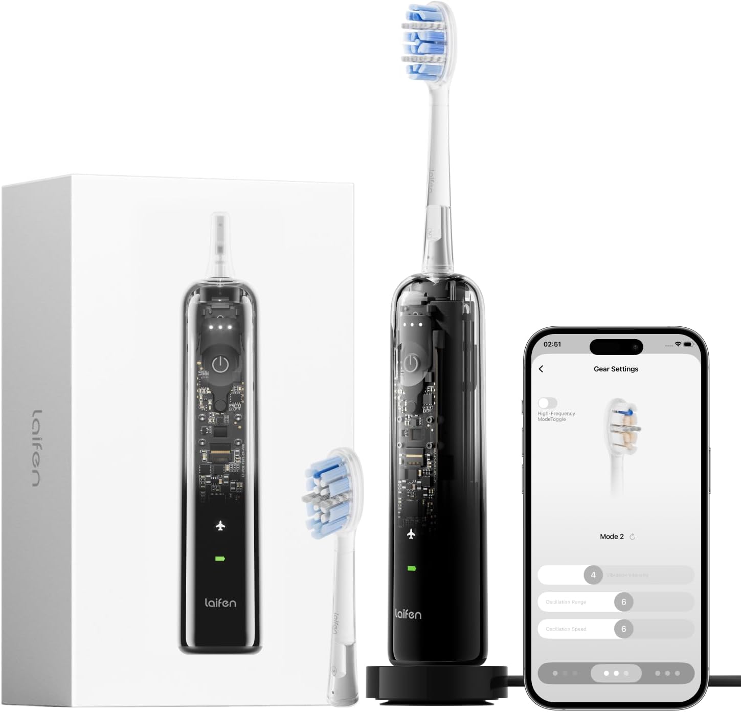 Laifen Wave Pro Electric Toothbrush for Adults, 60° Oscillations & 66,000 VPM for 13x Plaque Removal, Smart App, 70-Day Battery, IPX8 Waterproof, 2 Pro Brush Heads, Ideal for Travel (Translucent)