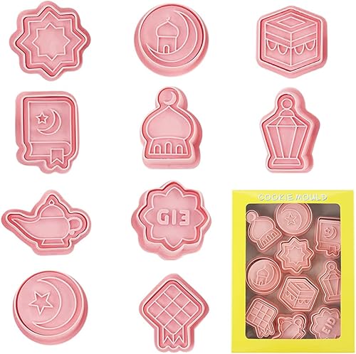 YEJAHY 10 moldes de galletas Eid Mubarak, cortador de galletas con sello de émbolo, sello de galletas 3D, moldes de sello de prensa de galletas para