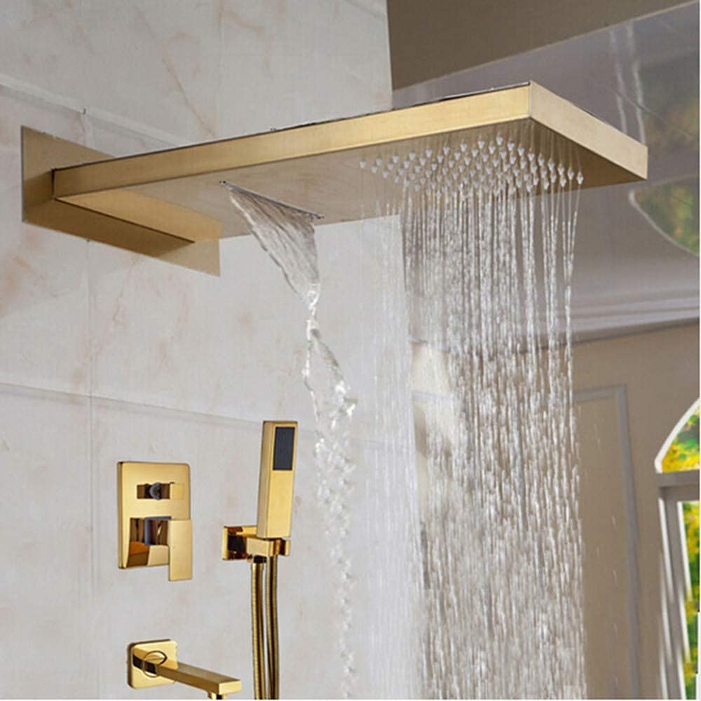 Système de douche doré luxe avec mitigeur cascade 3 voies pour salle de bain chic