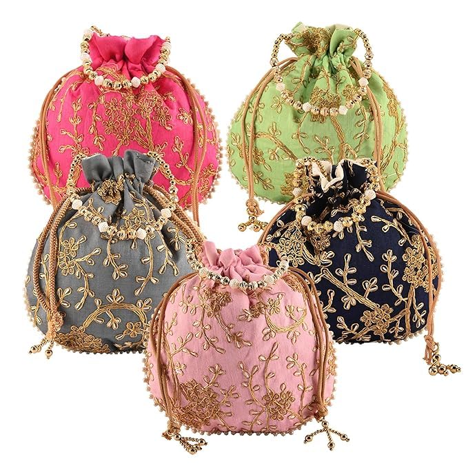 Jute Handbags for women | Embroidered Women Potli Bag | Traditional Indian Goody Bags | Drawstring Bags for Wedding | Pack of 5 | Multicolor-image-47