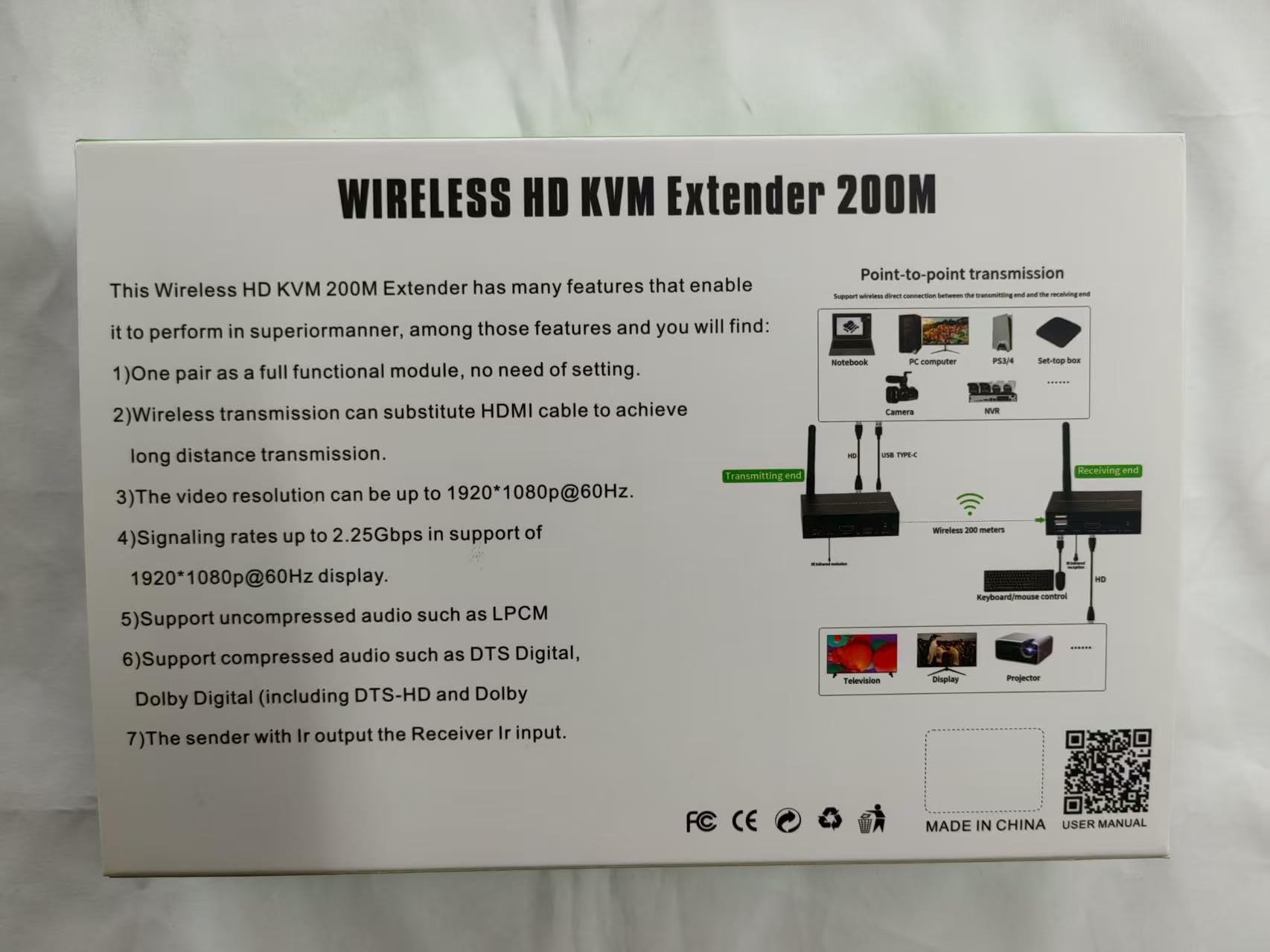 Extender KVM senza fili HDMI 200M, kit trasmettitore-ricevitore video e audio HDMI 1080p 60 Hz per USB, DVD, STB, DTV, HDTV, tastiera e mouse. Supporto per il ritorno infrarosso