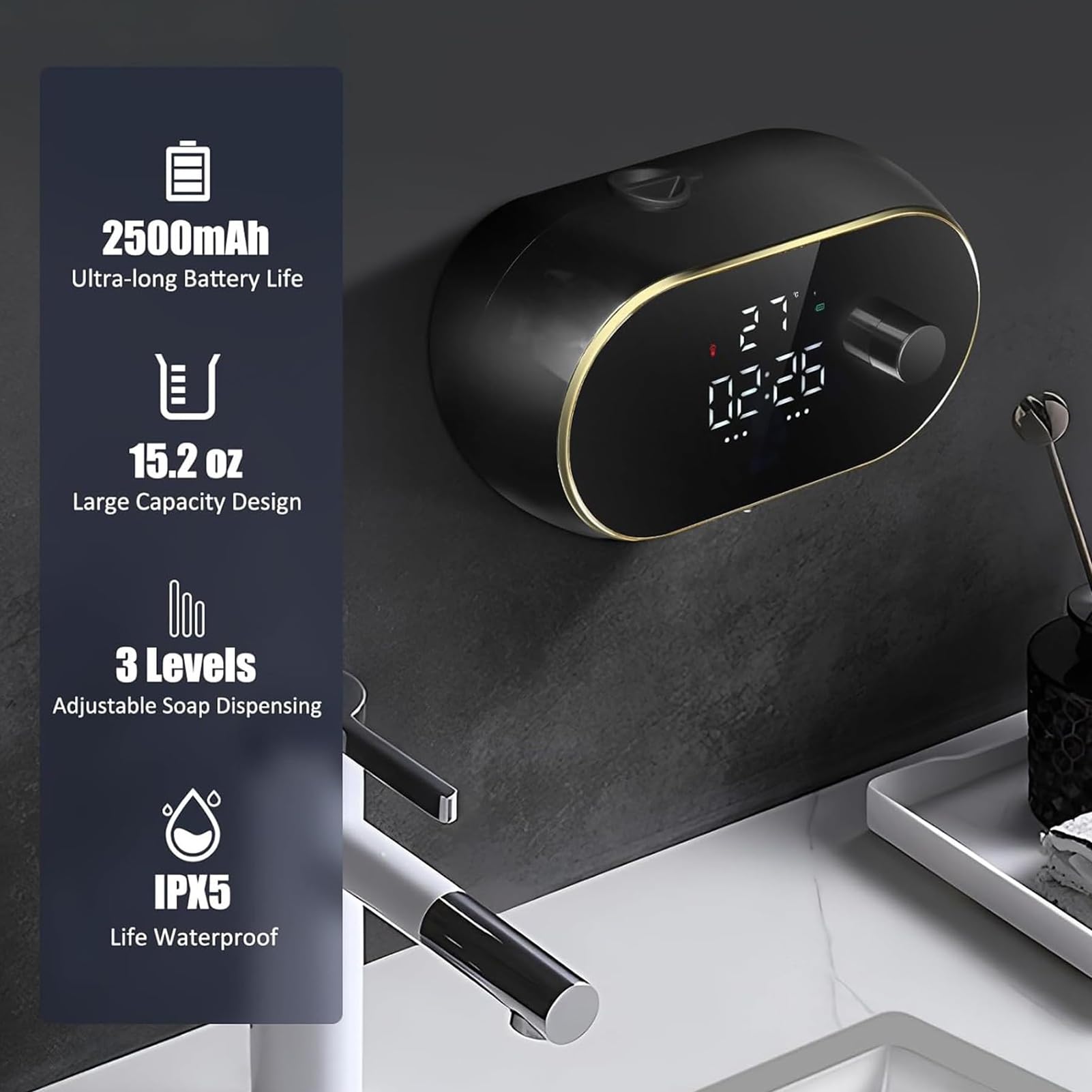 Dispenser automatico di sapone liquido da bagno 450 ml di grande capacità | Dispenser di sapone elettrico intelligente automatico in plastica ricaricabile senza tocco, regolabile