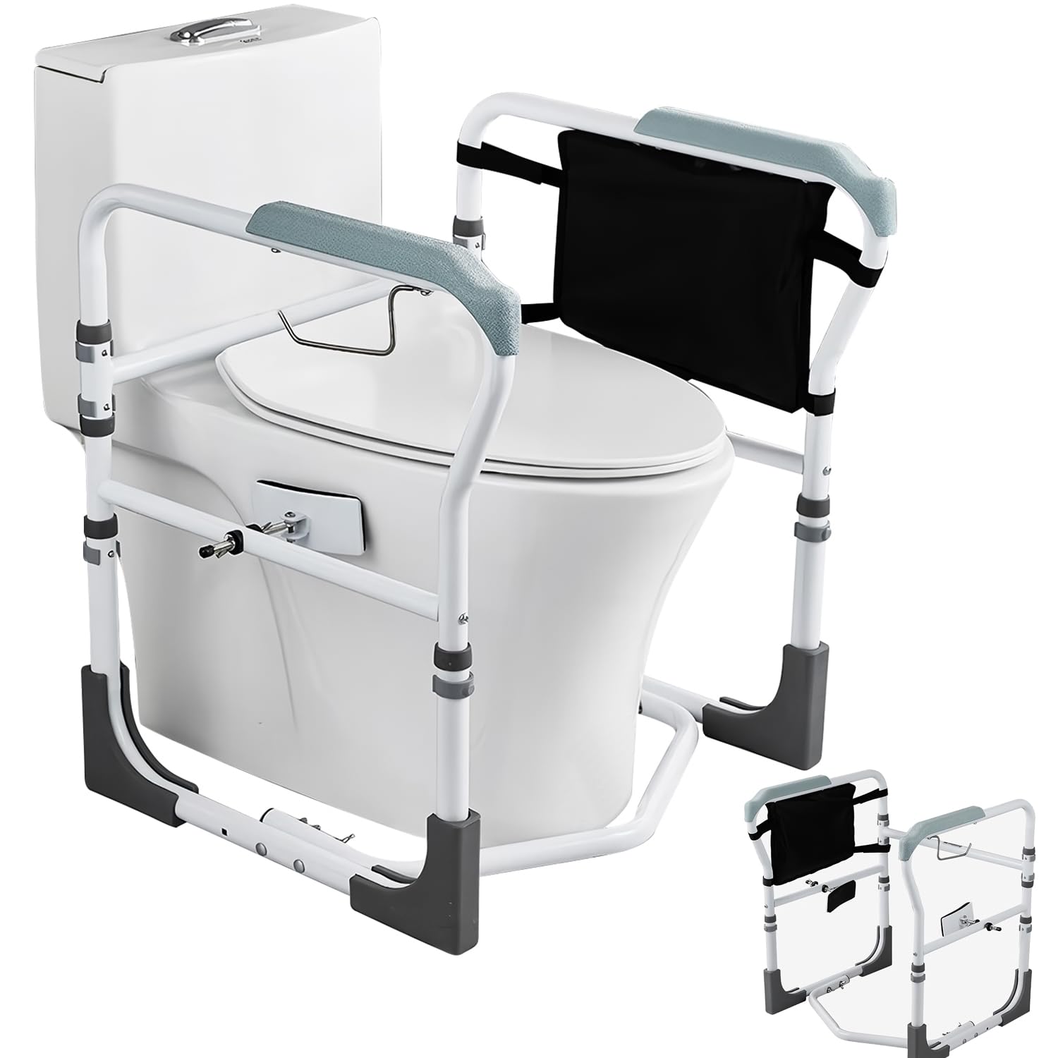 Toilet Safety Rail, Medical Toilet Safety Frame for Elderly Handicapped Stand Alone Disabled Toilet Seat with Handles, Adjustable Folding Bathroom Grip Bar with Storage Bag Fits Most Toilets