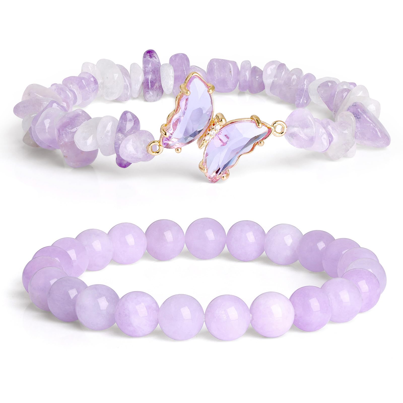 Braccialetto di Ametista per Donna, Braccialetti Anti-ansia con Perline di Ametista, ciondoli a Farfalla, Braccialetti a Strati di Pietre per Donna