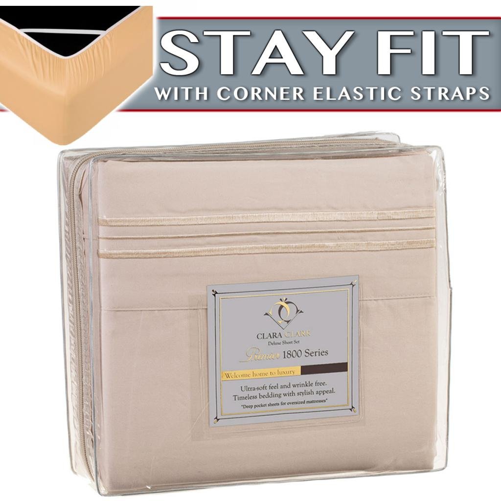 Clara Clark 2000 Series Bed Sheet Sets - Stay fit on mattress with elastic straps at corners - Queen, Beige Cream