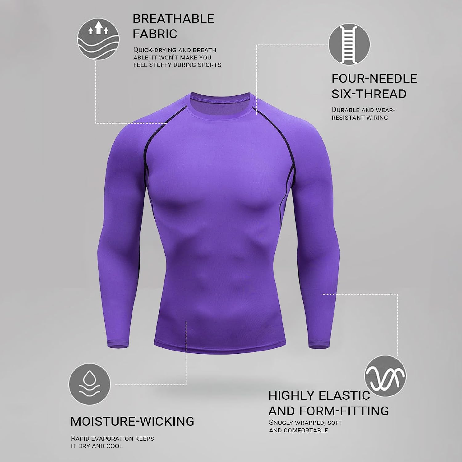 Mens Athletic Shirts, Stretch Tight Base Layer Compression Tops | Slim Fit, Long Sleeve Crew Neck, High Elastic Undertop, Smooth Matte Finish, Active Sports Training Wear