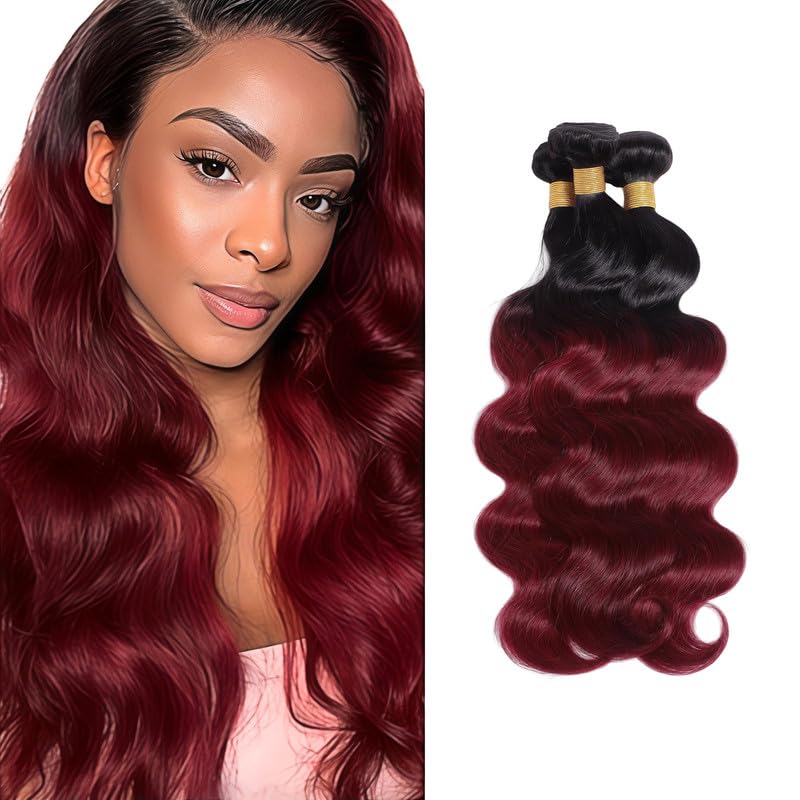T1B/99J Ombre Burgundy Bundles Human Hair Body Wave 14 16 18 Inch Body Wave Human Hair Bundles Brazilian Virgin Remy Quick Weave for Black Women T1B/99J Color